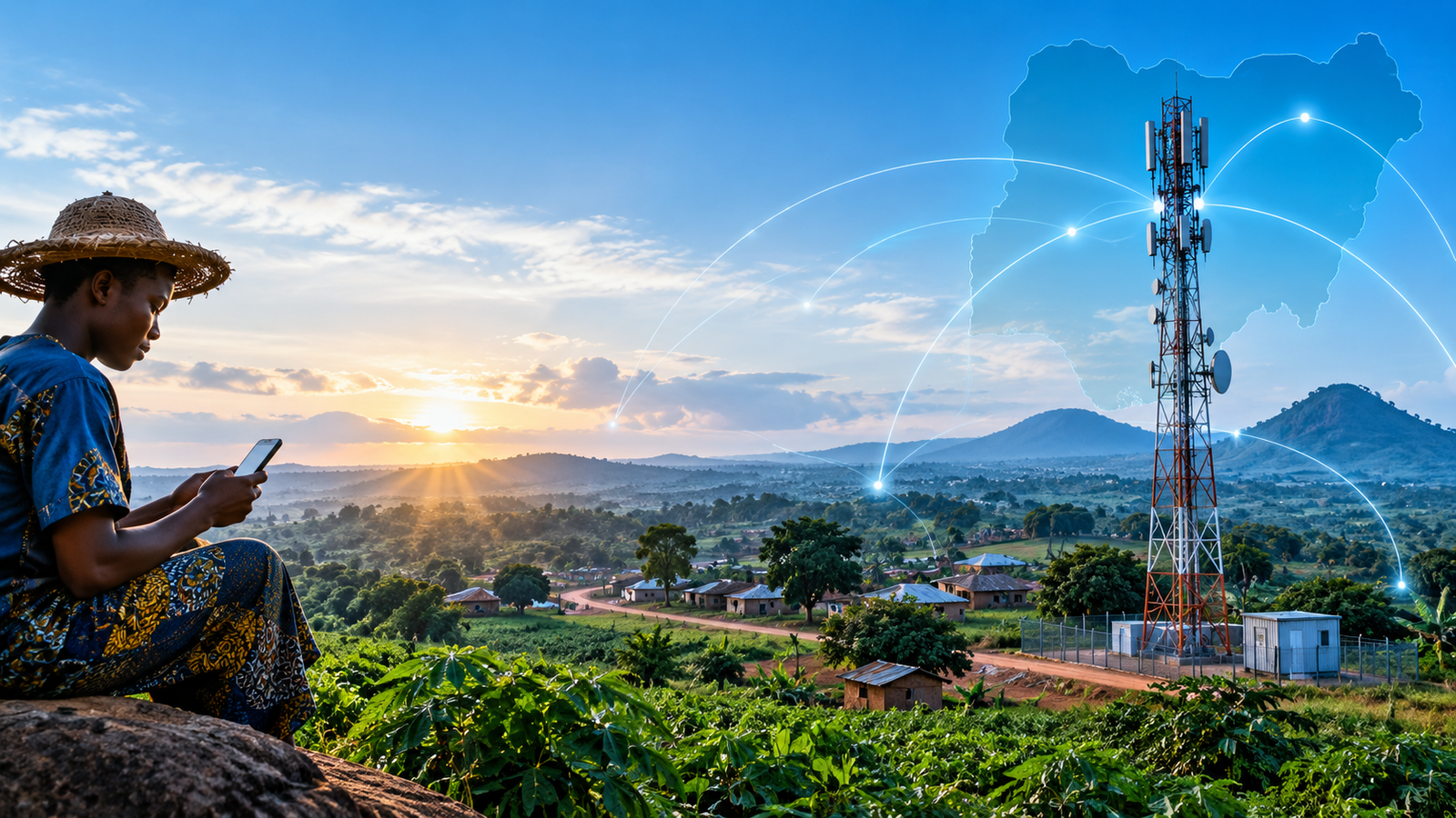 A young woman in a straw hat uses a smartphone on a hillside above a Nigerian village, with a telecoms tower and signal links arcing across an outline of Nigeria at sunrise